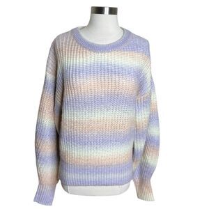 Zara Sweater Womens XL Rainbow Pastel Striped Knit Balloon Sleeves NEW